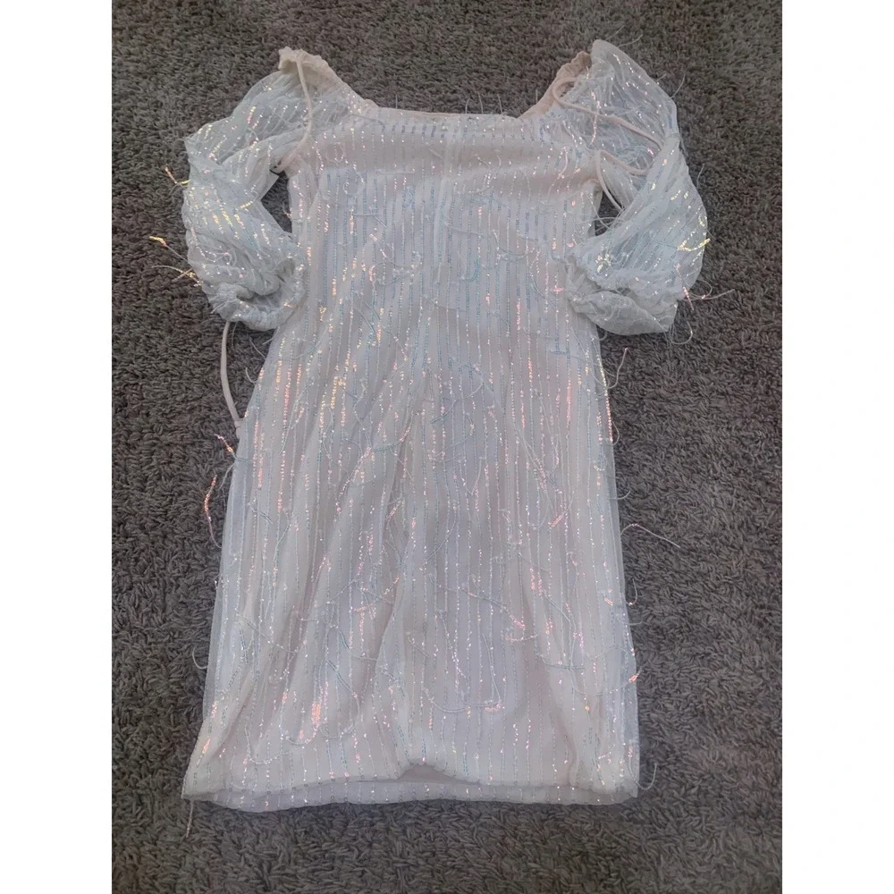 As U Wish Ivory Sequin Fringe Mini Dress Square Neck Puff Sleeve XS A66869E07 - Picture 7 of 7
